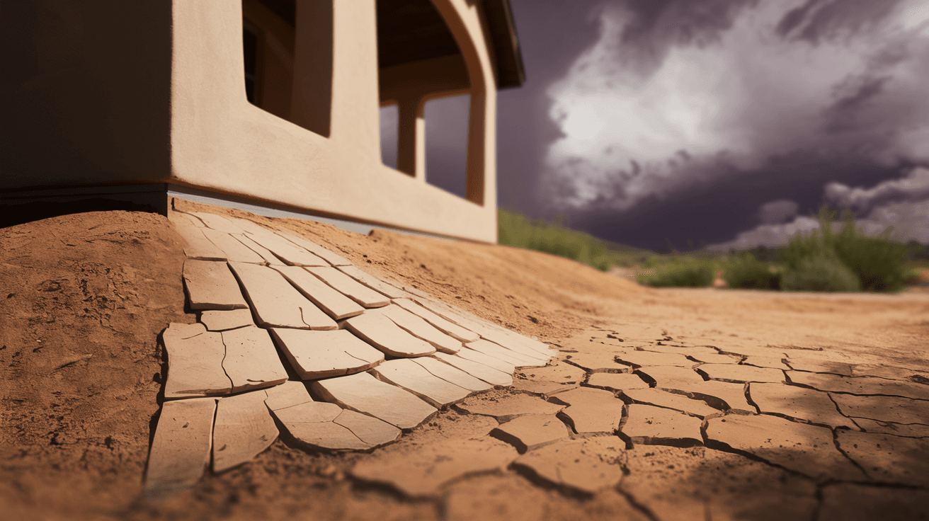 A close-up ground-level view of a desert adobe home's foundation and yard showing dry cracked soil with visible grading slope away from the stucco wall under a dramatic monsoon sky
