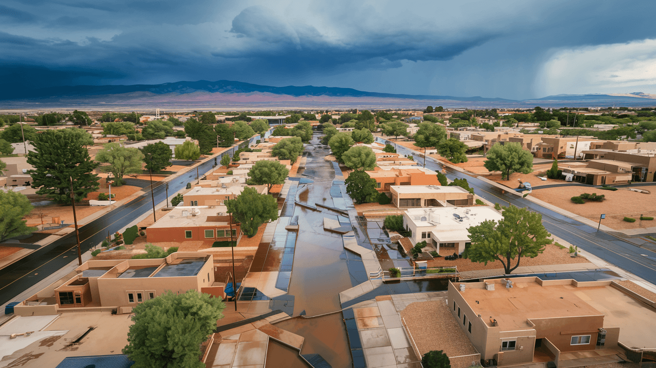 Aerial view of an Albuquerque neighborhood during monsoon season showing water runoff flowing through streets and arroyos with dark storm clouds over the Sandia Mountains in the background