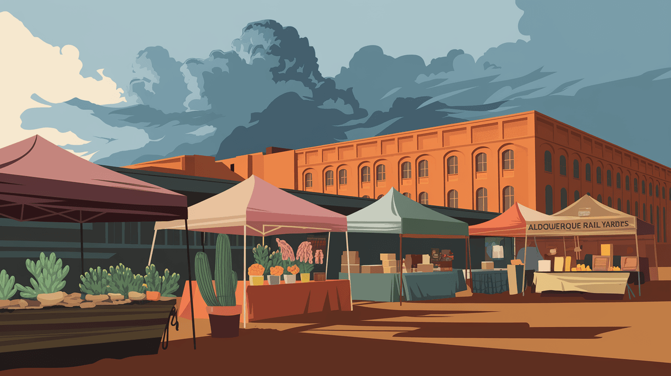 The Albuquerque Rail Yards farmers market at golden hour in late summer, with vendor tents, desert plants for sale, and the historic brick warehouse building in the background under a monsoon-clouded sky