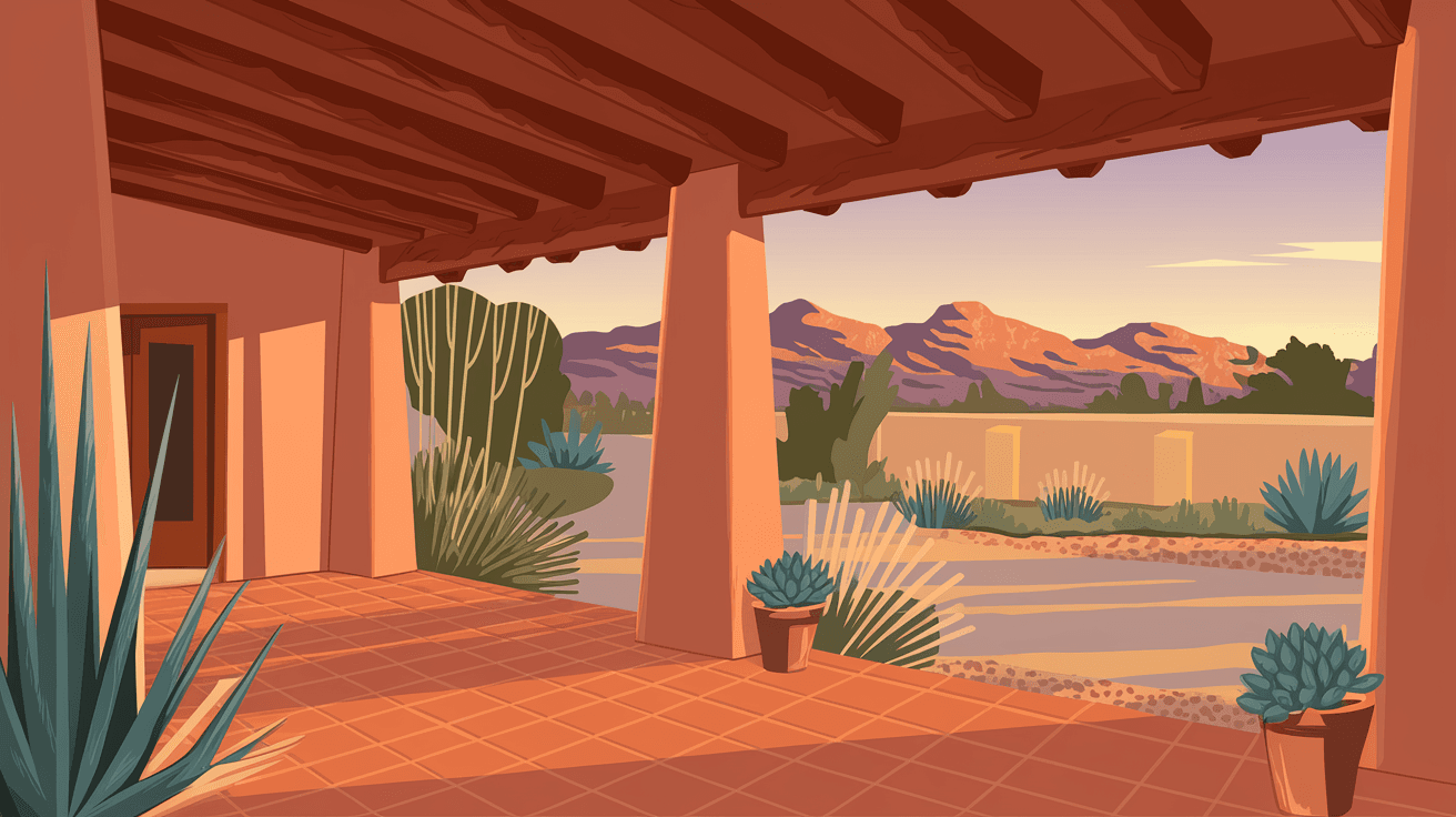 A traditional New Mexican portal with terracotta tile flooring, wooden vigas, and potted desert plants, overlooking a xeriscaped backyard with a view of the Sandia Mountains at golden hour