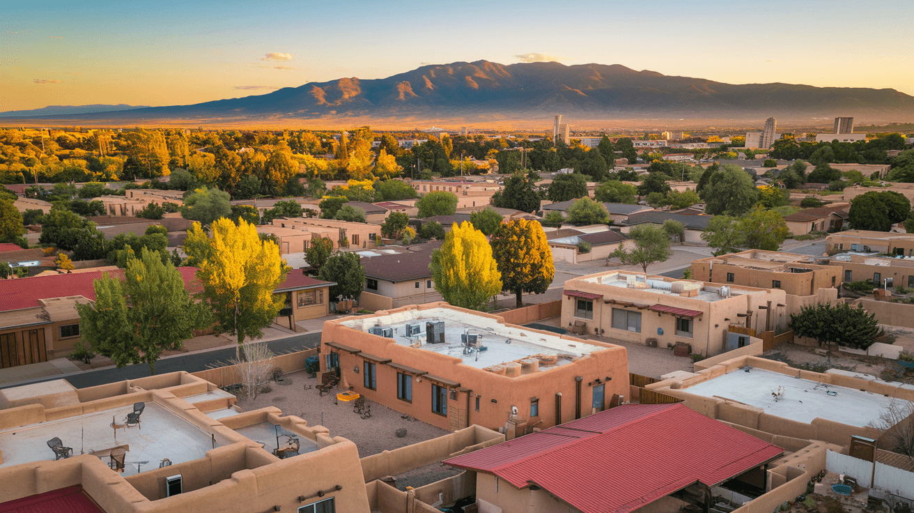 Aerial view of an Albuquerque residential neighborhood showing a mix of single-family homes and duplex properties with the Sandia Mountains visible in the background at golden hour