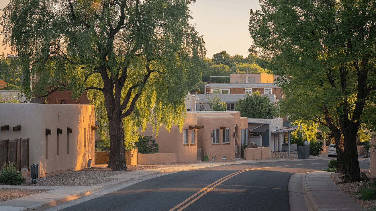 A residential street in the Barelas neighborhood of Albuquerque showing traditional New Mexico architecture, mature cottonwood trees, and a mix of single-family and small multi-unit rental properties in the late afternoon light