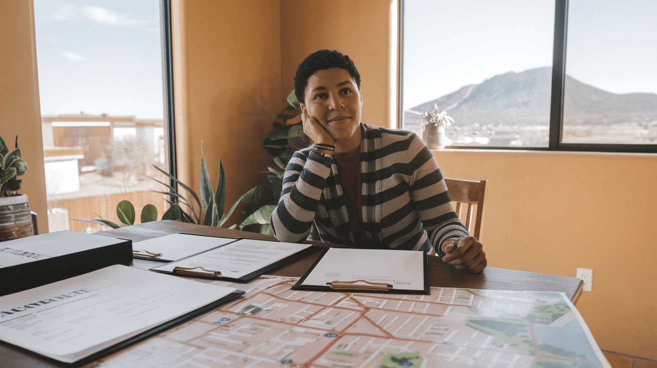 A property investor reviewing rental income documents and a Albuquerque neighborhood map spread across a table, natural light from a window, Sandia Mountain view through the glass
