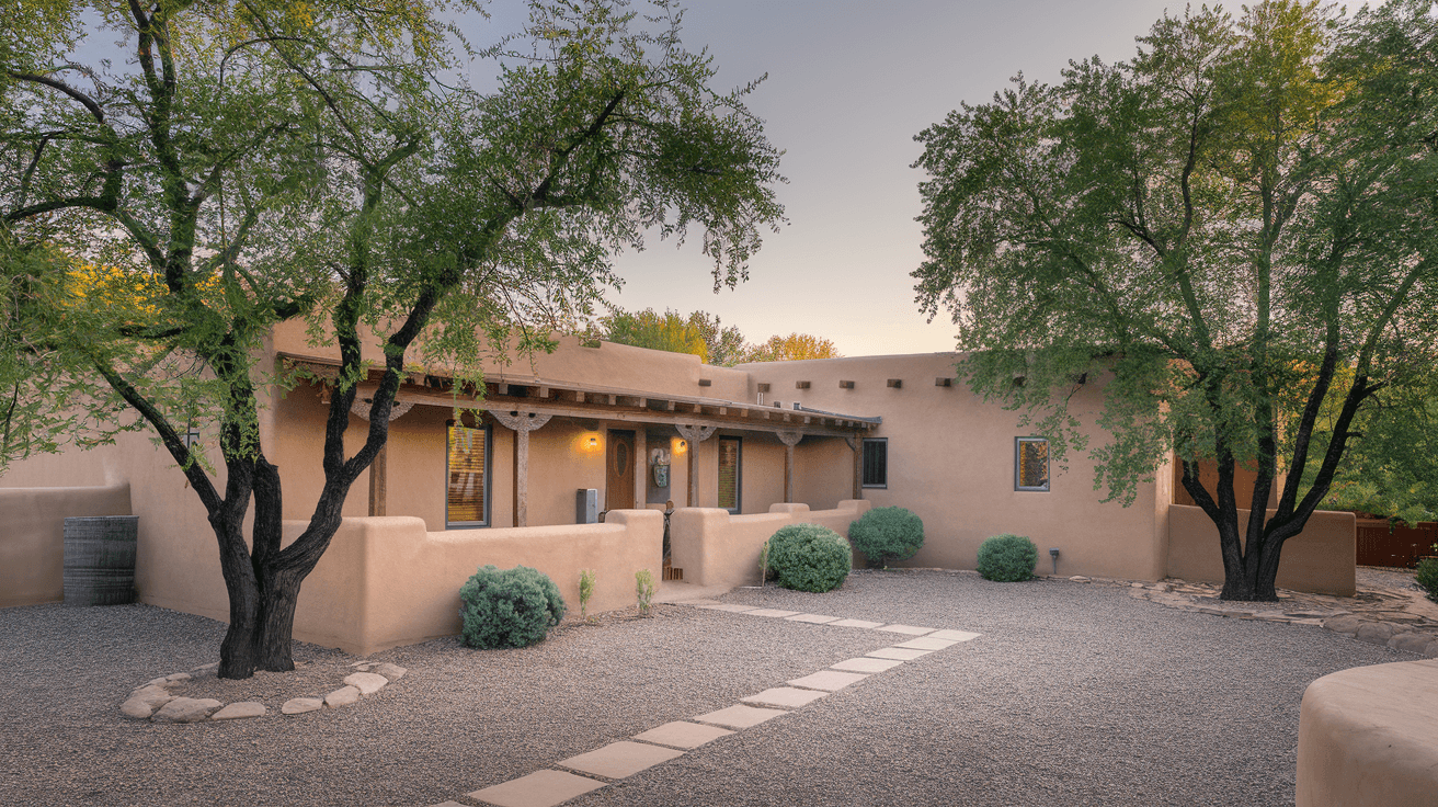 A well-maintained adobe duplex in Albuquerque's North Valley with mature cottonwood trees, a gravel courtyard, and traditional vigas visible along the roofline, late afternoon golden hour light
