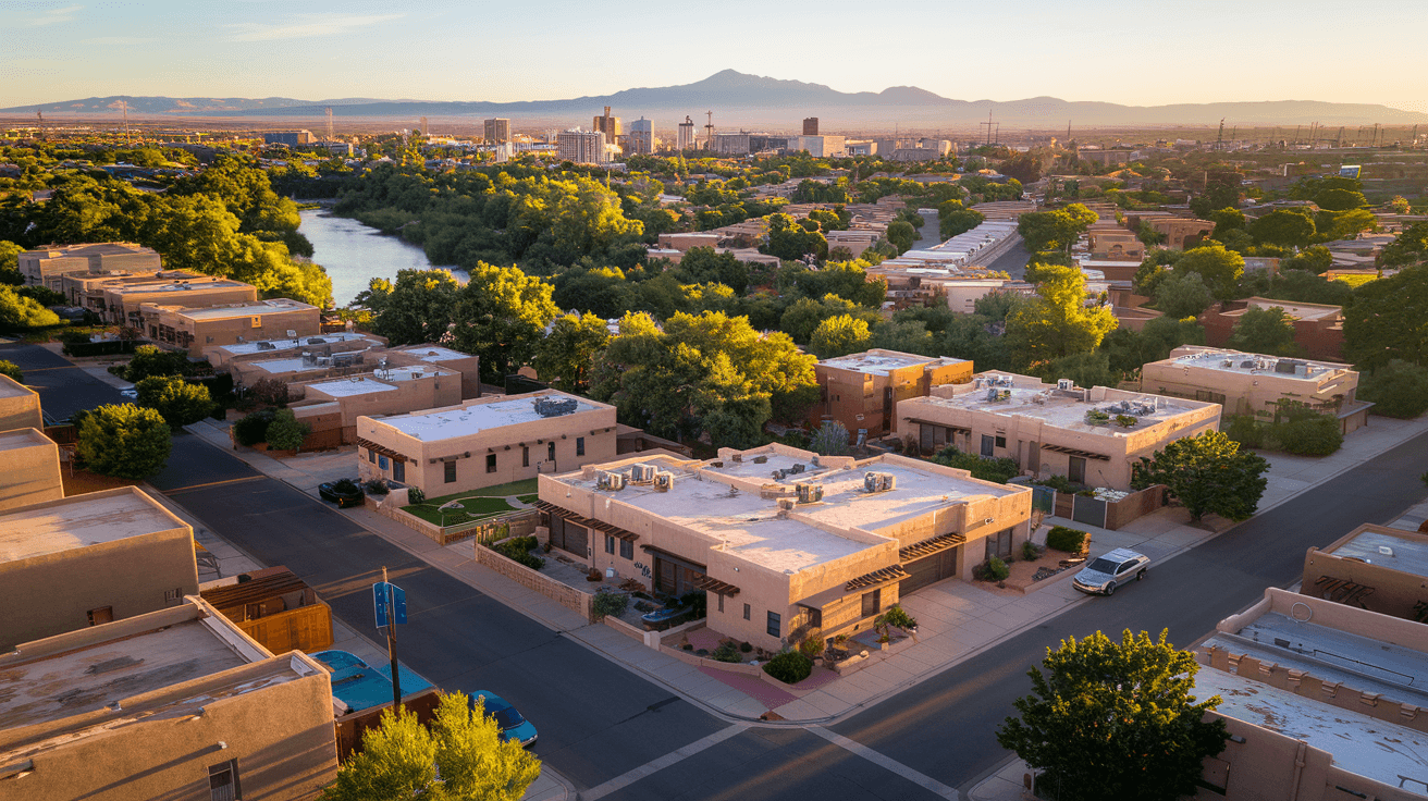 Aerial view of a South Valley neighborhood in Albuquerque showing adobe-style duplexes and triplexes along tree-lined streets near the Rio Grande, warm afternoon light, Sandia Mountains visible in the distance