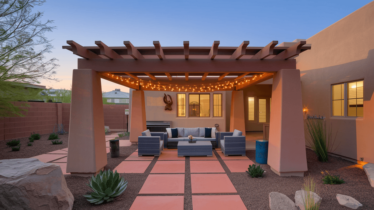 A beautifully xeriscaped backyard patio in Albuquerque's High Desert neighborhood, featuring native plants, a covered portal with warm string lights, and a sweeping view of the Sandia Mountains in the background at dusk