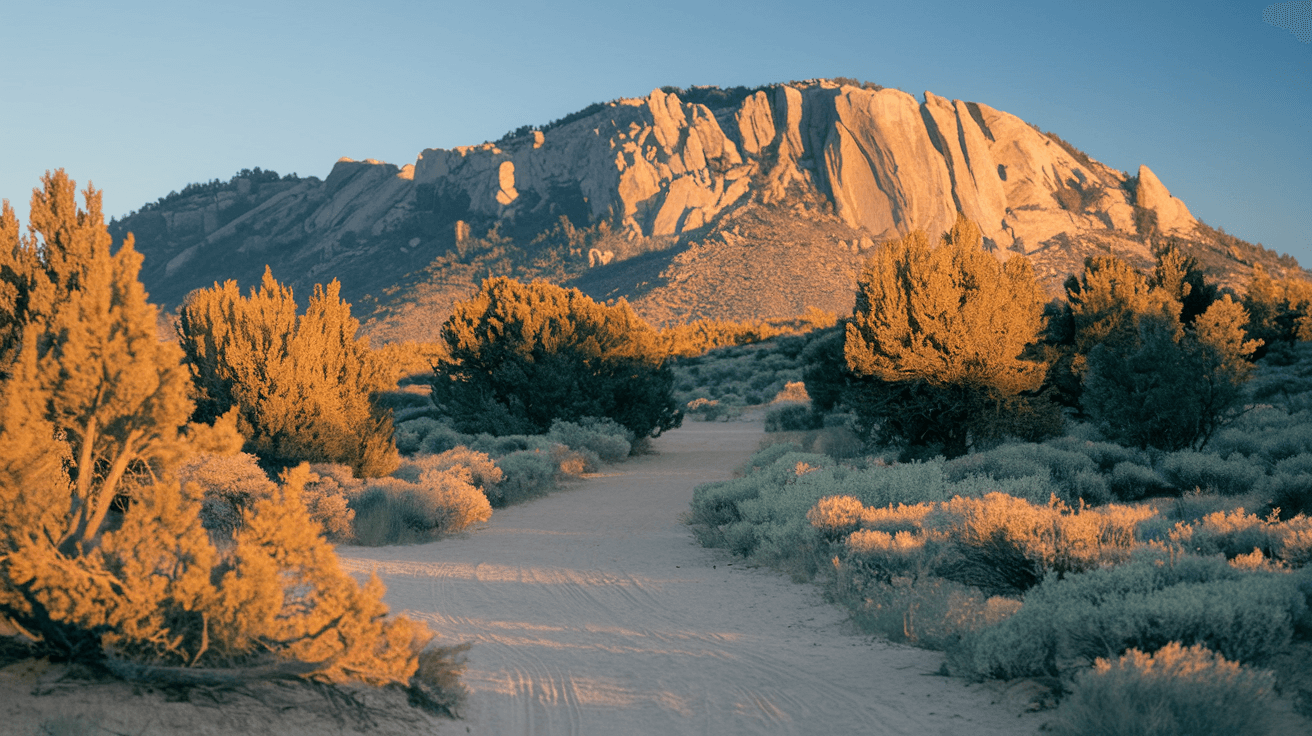A wide-angle morning shot of the Elena Gallegos Open Space trailhead in Albuquerque, with a dirt path winding into the high desert scrub toward the Sandia Mountains, soft early light casting long shadows across the landscape
