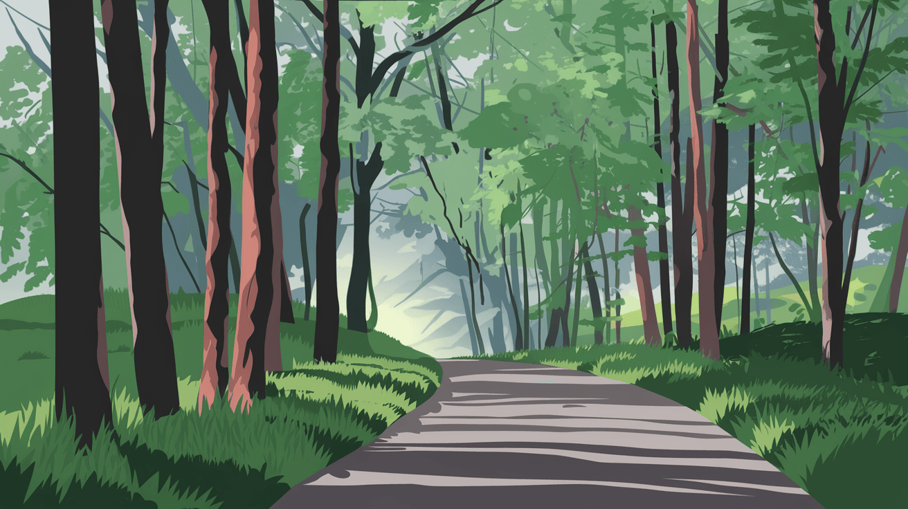 The Paseo del Bosque Trail winding through a dense cottonwood forest along the Rio Grande in July, dappled morning light filtering through the canopy onto the paved path