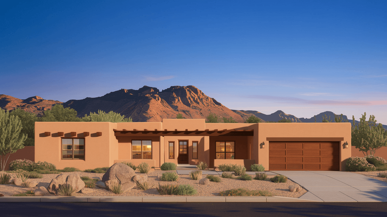 A premium adobe-style home in Albuquerque's High Desert neighborhood with a landscaped xeriscape front yard, the Sandia Mountains rising sharply in the background under a deep blue July sky