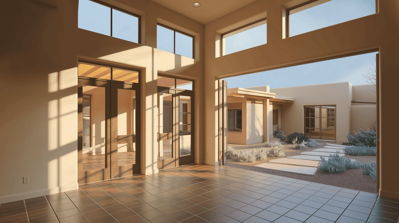 Interior view of a passive solar Albuquerque home with south-facing clerestory windows, Saltillo tile floors absorbing winter sunlight, and a view of a xeriscaped courtyard beyond glass doors