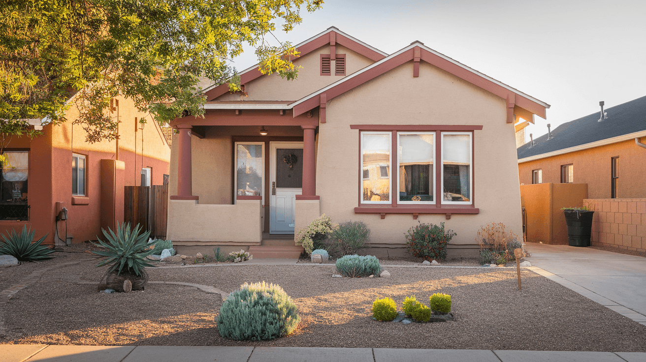 Aerial view of an Albuquerque residential neighborhood at golden hour, with the Sandia Mountains glowing pink in the background and a mix of adobe and stucco homes visible below