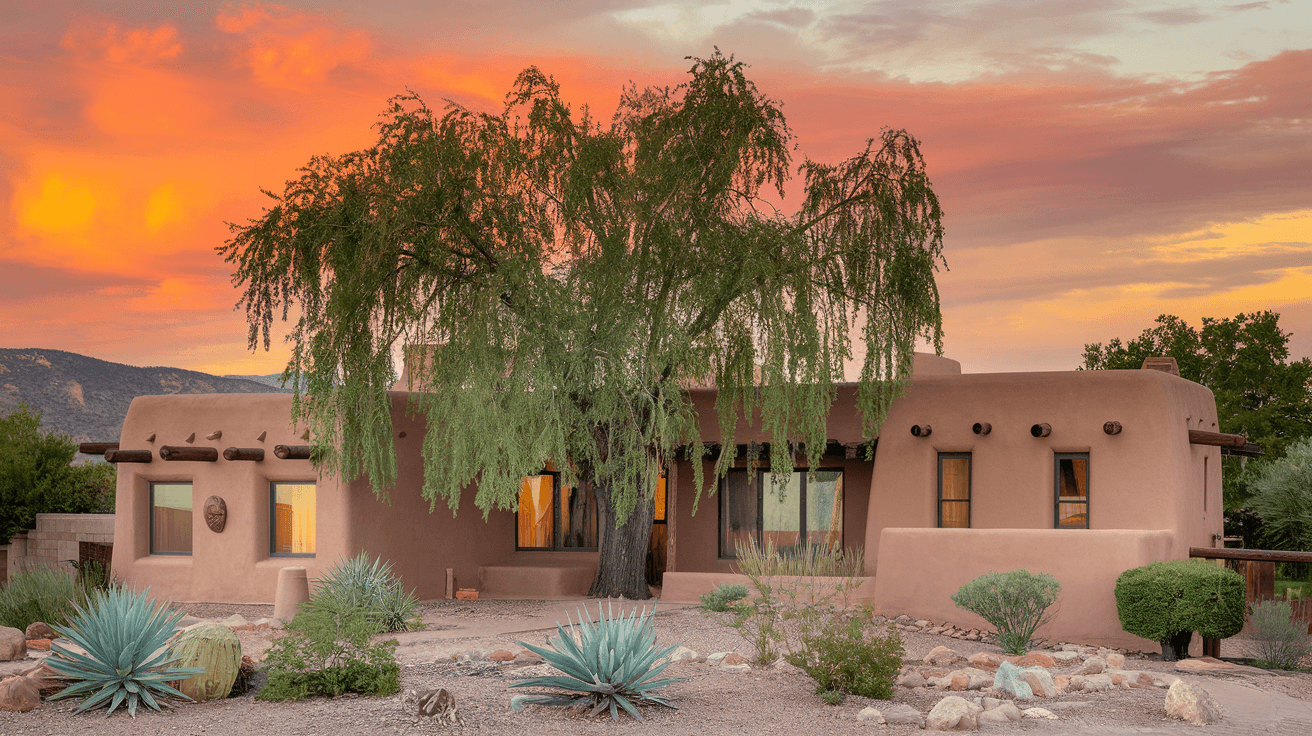 A cozy, well-appointed short-term rental interior with Southwestern design elements, exposed vigas ceiling, and warm natural light streaming through a window overlooking a private courtyard