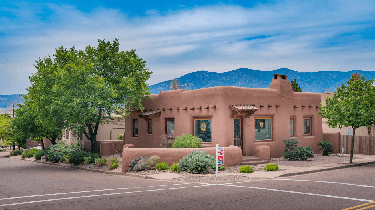 A charming adobe duplex on a tree-lined street in Albuquerque, NM, with a for-sale sign in front, Sandia Mountains visible in the background under a blue sky