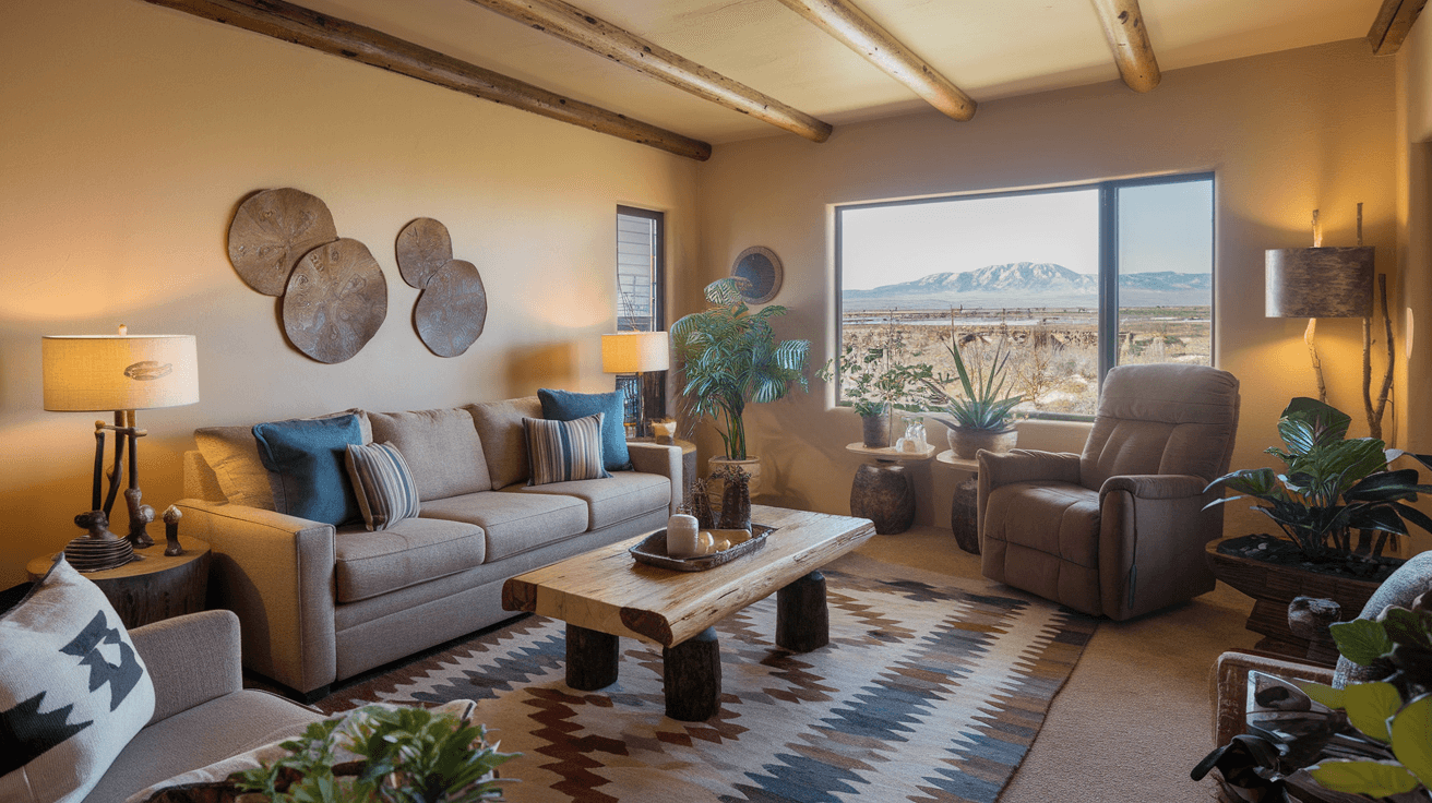 A well-furnished short-term rental living room in an Albuquerque adobe home, featuring Southwestern decor, warm lighting, and a view of the Sandia Mountains through a large window