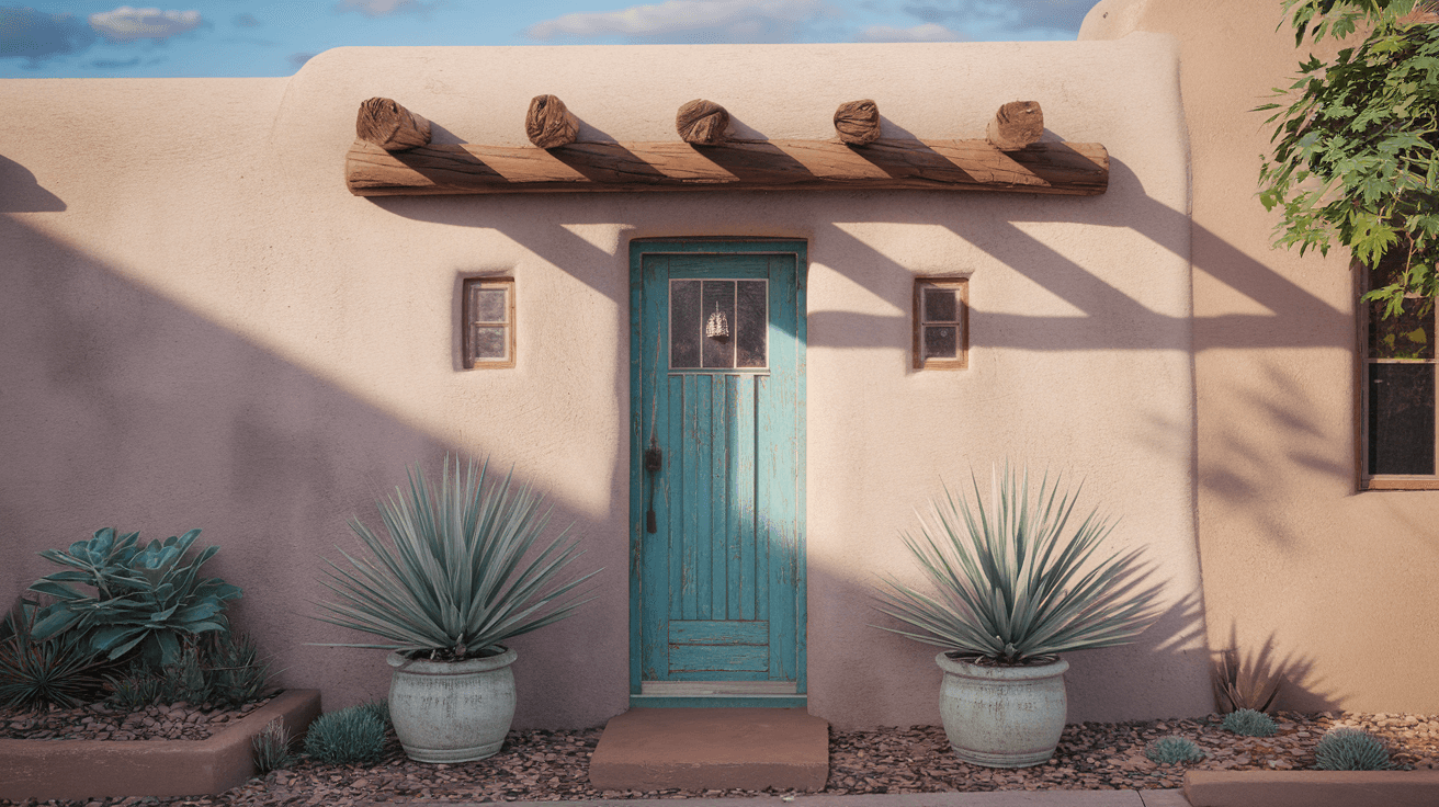 A charming adobe-style casita with a turquoise door and vigas on a quiet Downtown EDo street, warm afternoon light casting long shadows on the stucco facade