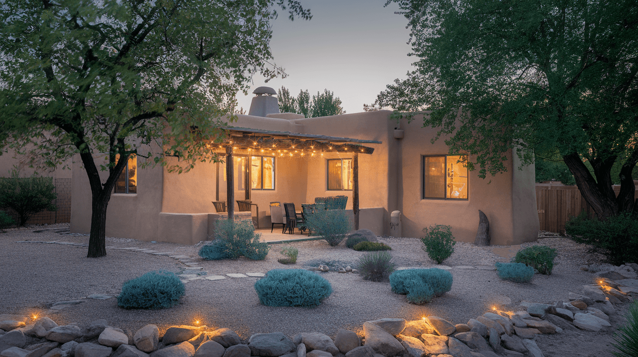A charming adobe-style casita in Albuquerque's North Valley with a private courtyard, desert landscaping, and warm string lights glowing at dusk, surrounded by cottonwood trees