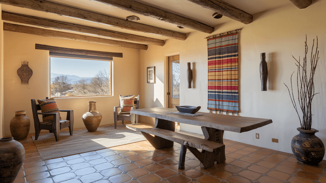 A well-staged interior of an Albuquerque short-term rental property featuring warm Southwestern decor, Saltillo tile floors, exposed vigas, and natural light streaming through a window with mountain views