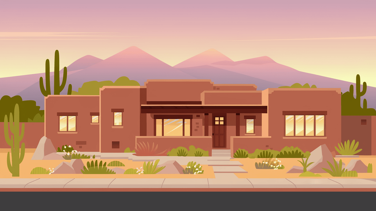 A beautifully maintained Pueblo Revival style home in an Albuquerque neighborhood with desert landscaping, terracotta tones, and the Sandia Mountains glowing pink at sunset in the background