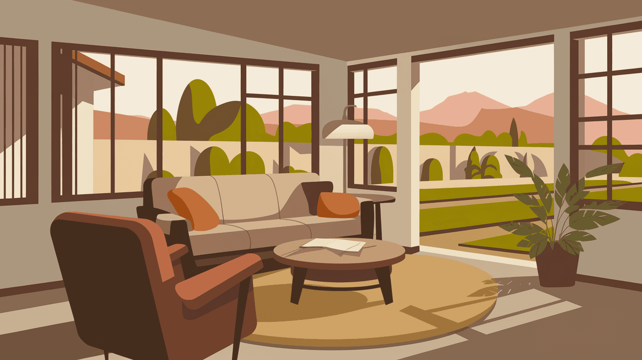 A warm, sun-filled living room interior of a mid-century ranch-style home in Albuquerque's Northeast Heights, with large windows looking out to a landscaped backyard and the Sandia Mountains in the far distance