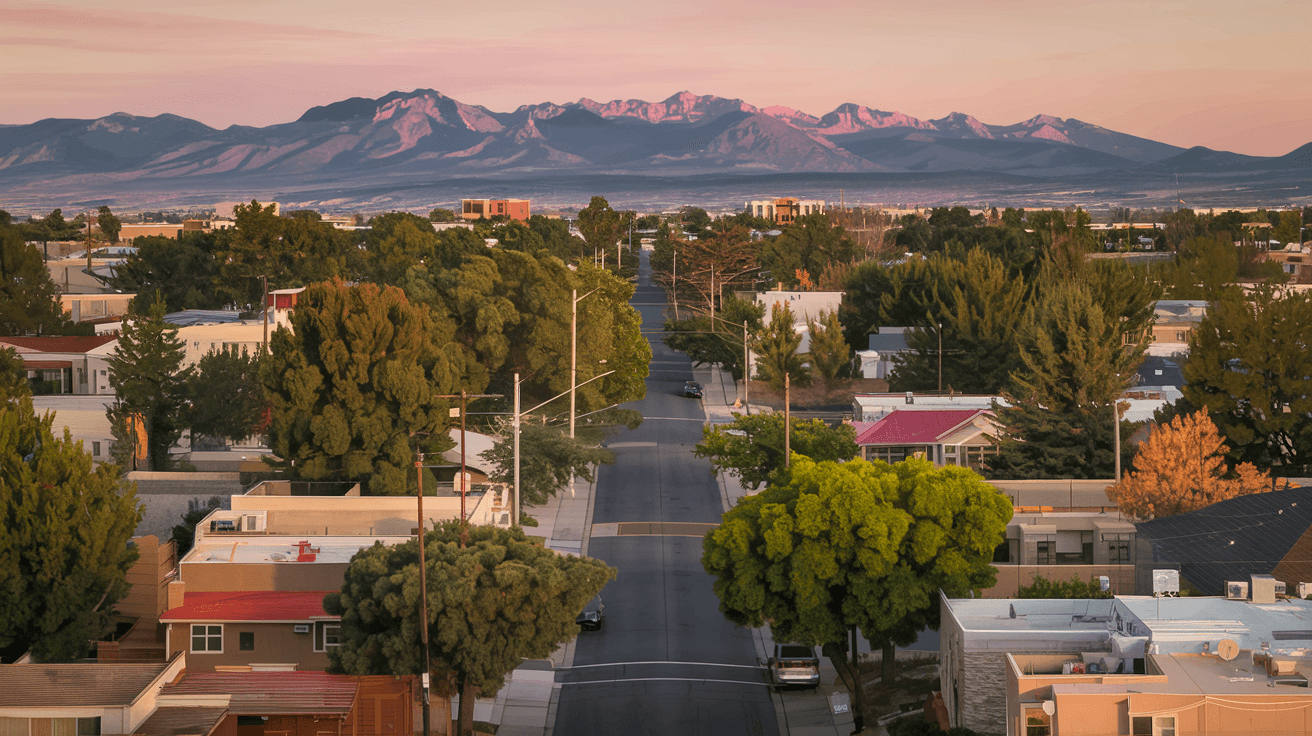 Aerial view of a tree-lined residential street in Albuquerque's Northeast Heights neighborhood at golden hour, with the Sandia Mountains glowing pink in the background
