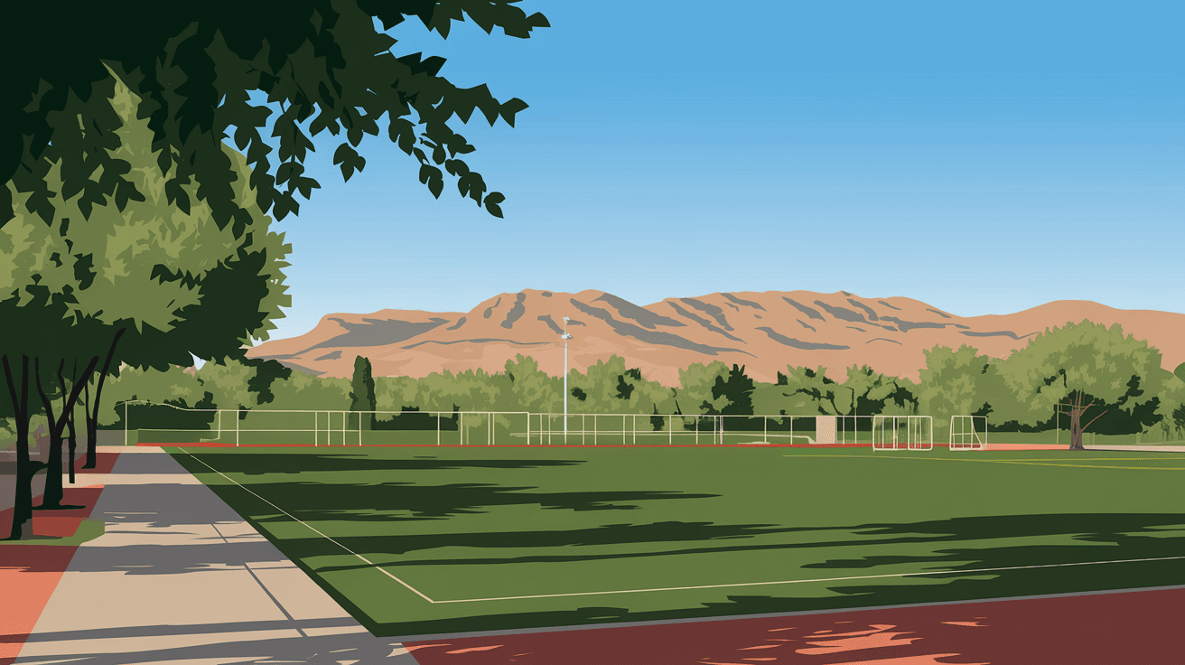A well-maintained neighborhood park in Albuquerque's Northeast Heights with grass athletic fields, mature shade trees, and the Sandia Mountains visible in the distance under a clear blue sky