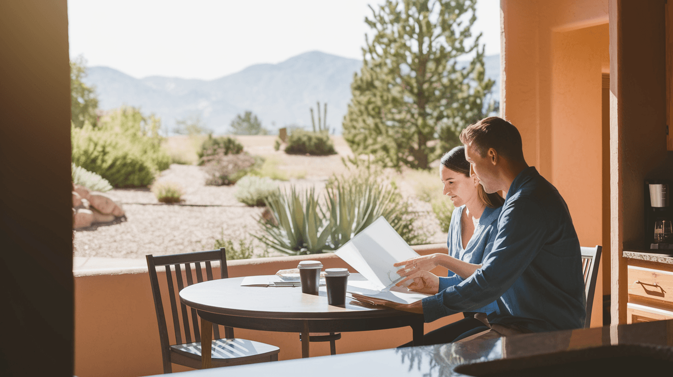 A couple reviewing home inspection documents at a kitchen table inside a sunlit Albuquerque home, with desert landscaping visible through the window