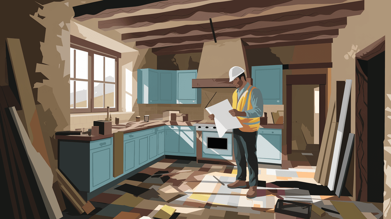A contractor reviewing renovation plans inside a gutted Albuquerque kitchen, exposed adobe walls and original Saltillo tile floor visible, natural light coming through a window