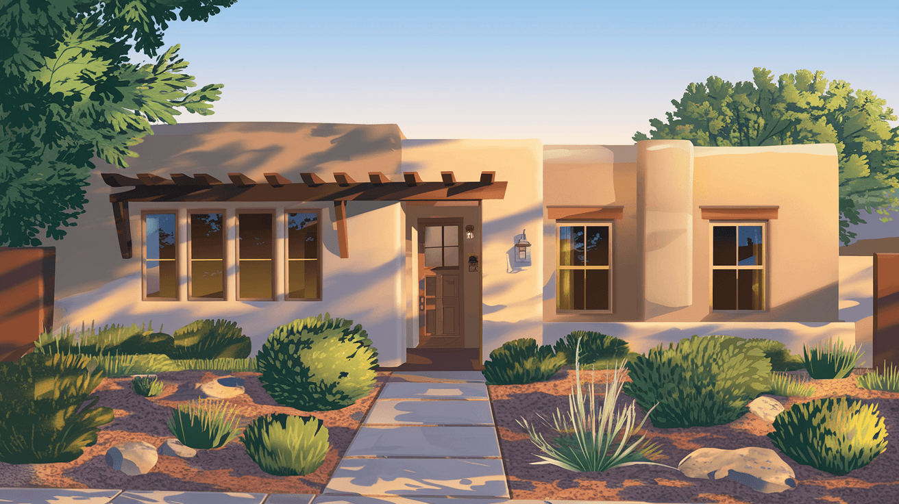 A renovated South Valley home exterior with fresh stucco, new landscaping with native New Mexico plants, and warm afternoon light casting long shadows across the front wall