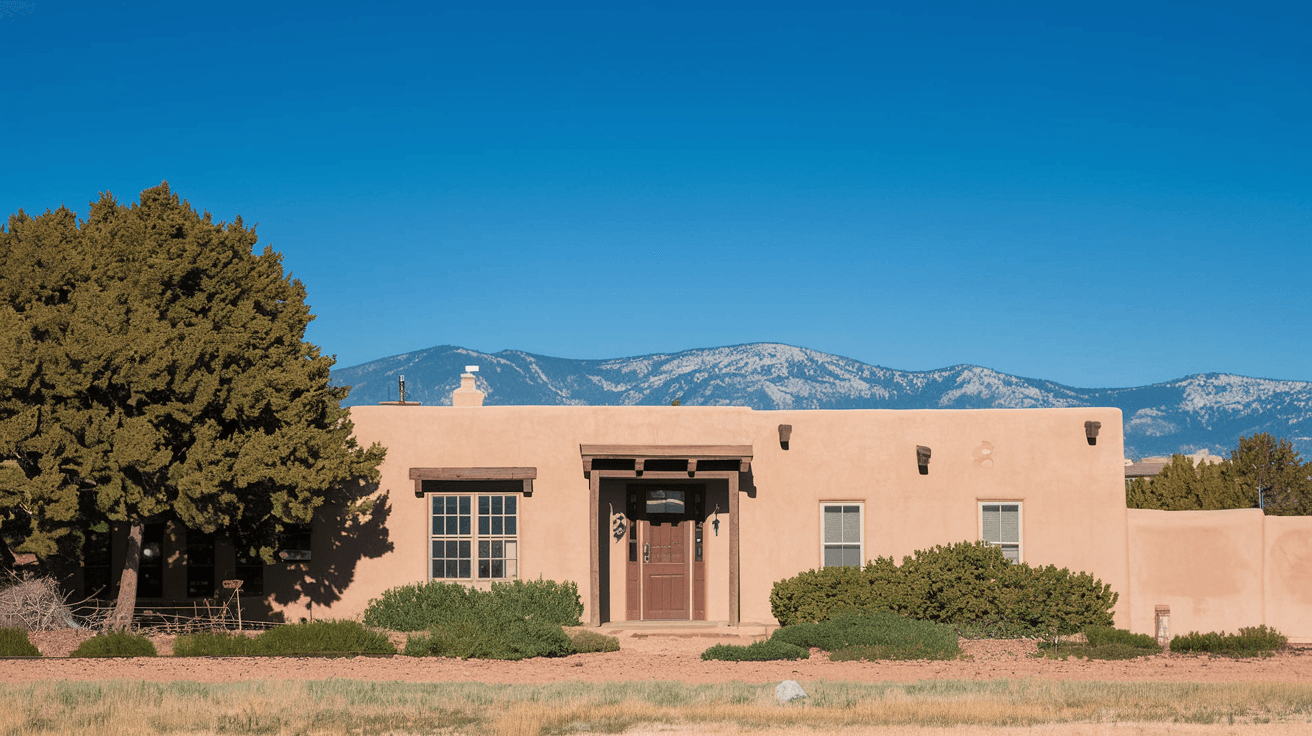 Exterior of a classic South Valley adobe home with weathered stucco and overgrown front yard, Sandia Mountains visible in the background under a wide blue New Mexico sky