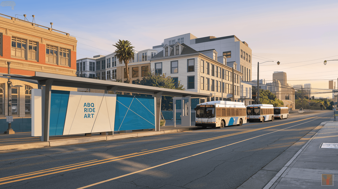A modern ABQ Ride ART station on Central Avenue in the Nob Hill neighborhood, with brick sidewalks, green chile ristras hanging from a nearby storefront, and warm afternoon light casting long shadows across the transit platform