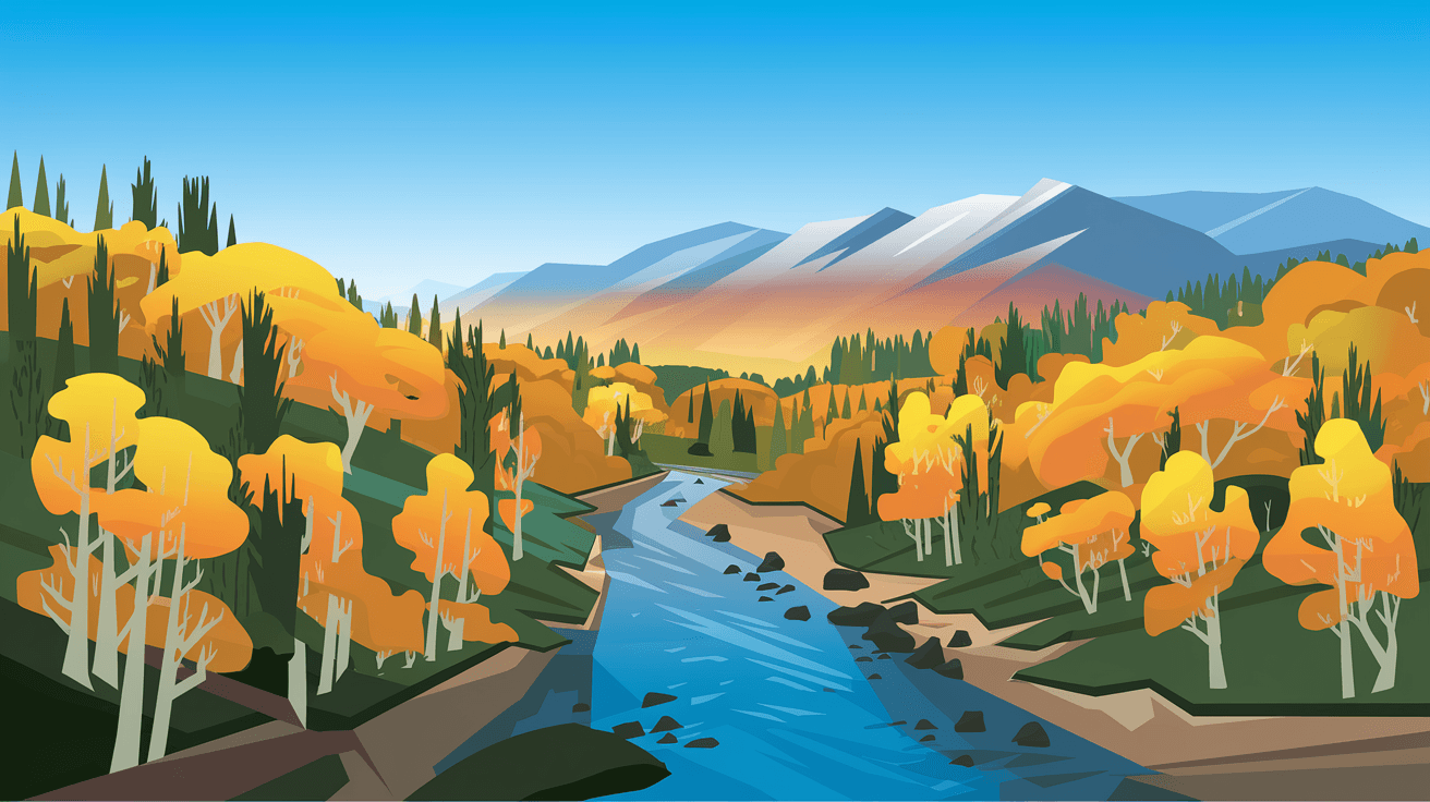 Aerial view of the Rio Grande Bosque in Albuquerque with cottonwood trees in autumn gold, the river winding through the valley, and the Sandia Mountains in the background under a clear blue sky