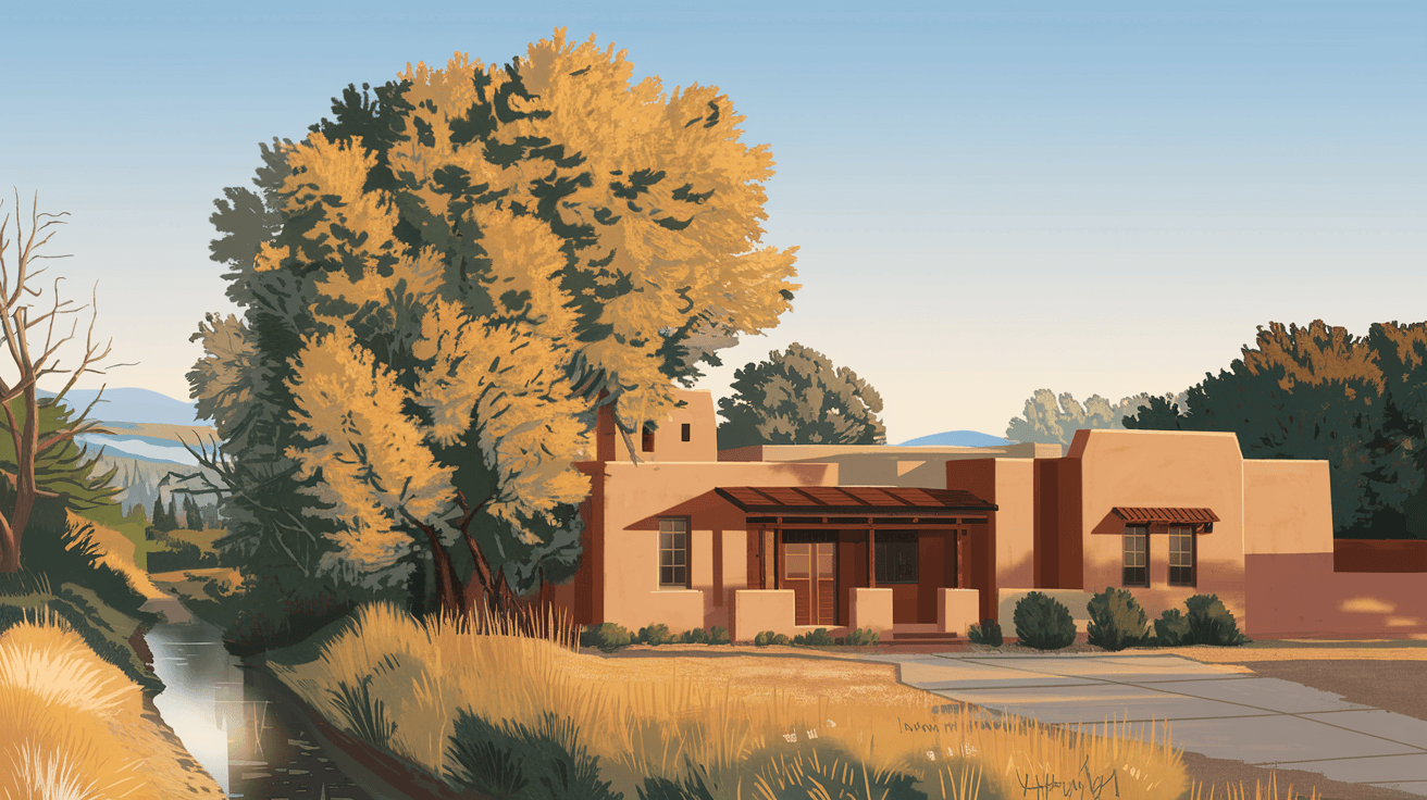 A traditional adobe home in Albuquerque's North Valley with a large cottonwood tree in the foreground, an acequia irrigation ditch running along the property edge, and the Rio Grande Bosque visible in the background