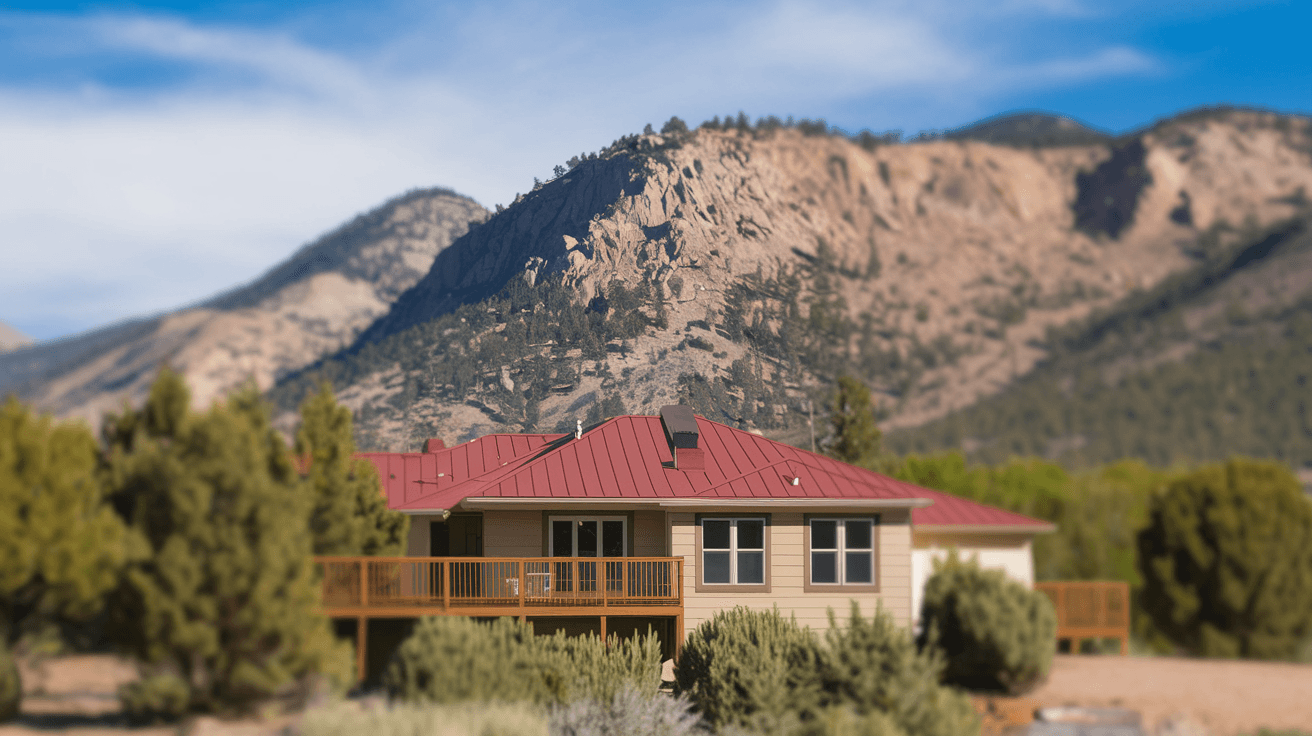 A custom contemporary home in Sandia Heights with floor-to-ceiling windows reflecting the Sandia Mountain granite face, desert landscaping with native grasses and boulders in the foreground