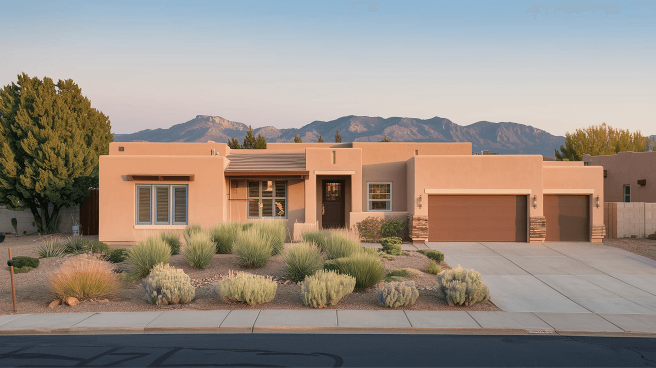 A well-kept single-story Southwest-style home in a mid-Heights Albuquerque subdivision, with a two-car garage, xeriscaped front yard with native grasses and desert plants, and the Sandia Mountains visible in the distance at golden hour