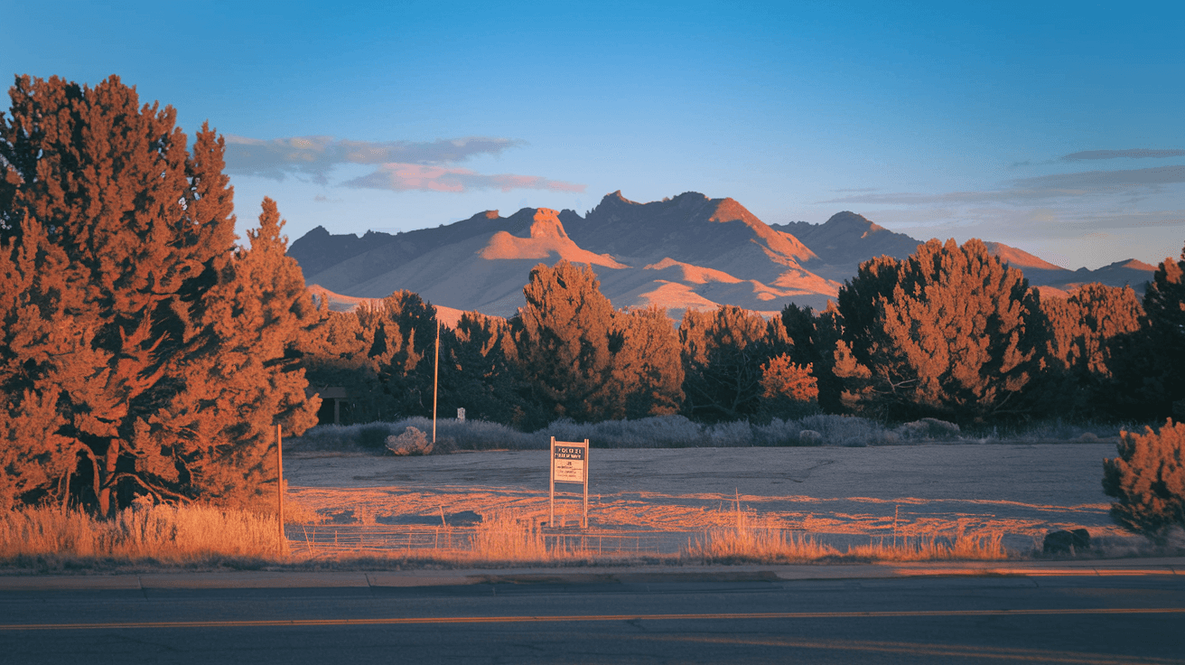 A vacant residential lot in the East Mountains of New Mexico with a simple for-sale sign, surrounded by pinon and juniper trees, the Sandia Mountains rising in the distance at golden hour