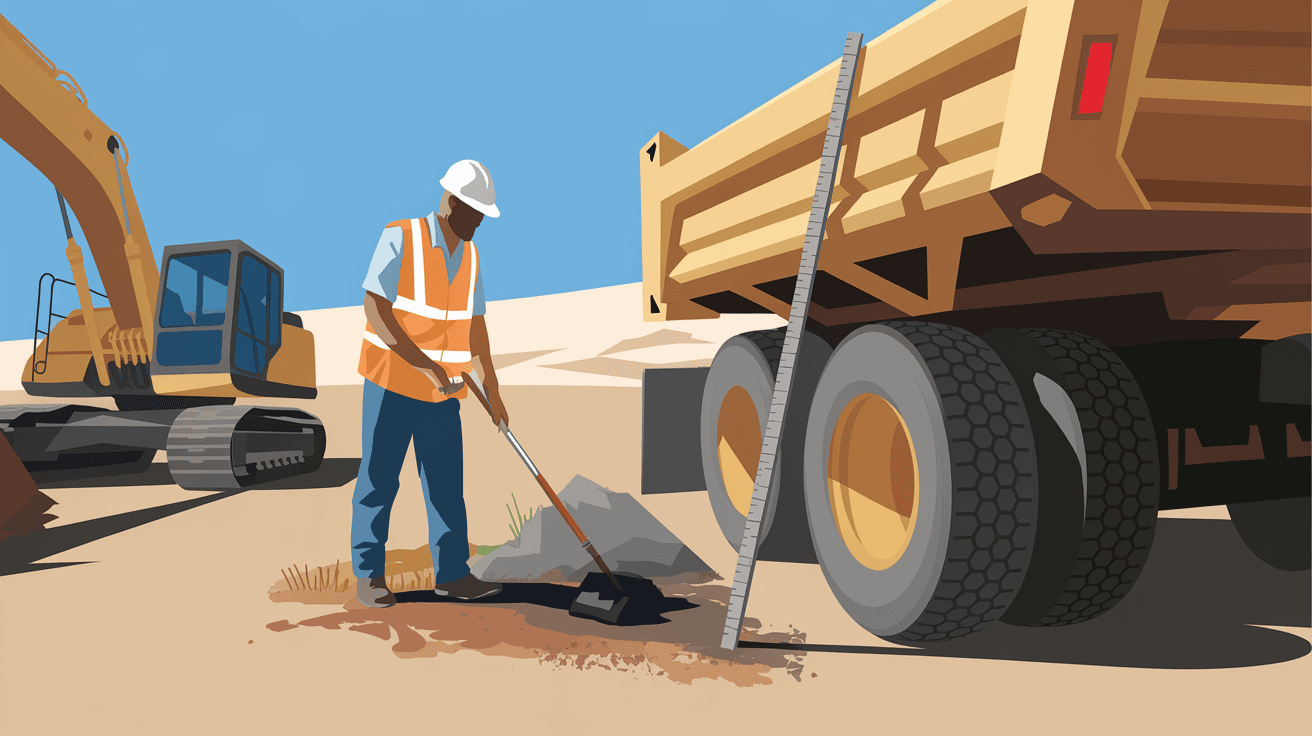 A licensed geotechnical engineer taking soil core samples on a vacant desert lot in the Rio Rancho mesa, with construction equipment and a measuring rod visible, wide open sky above
