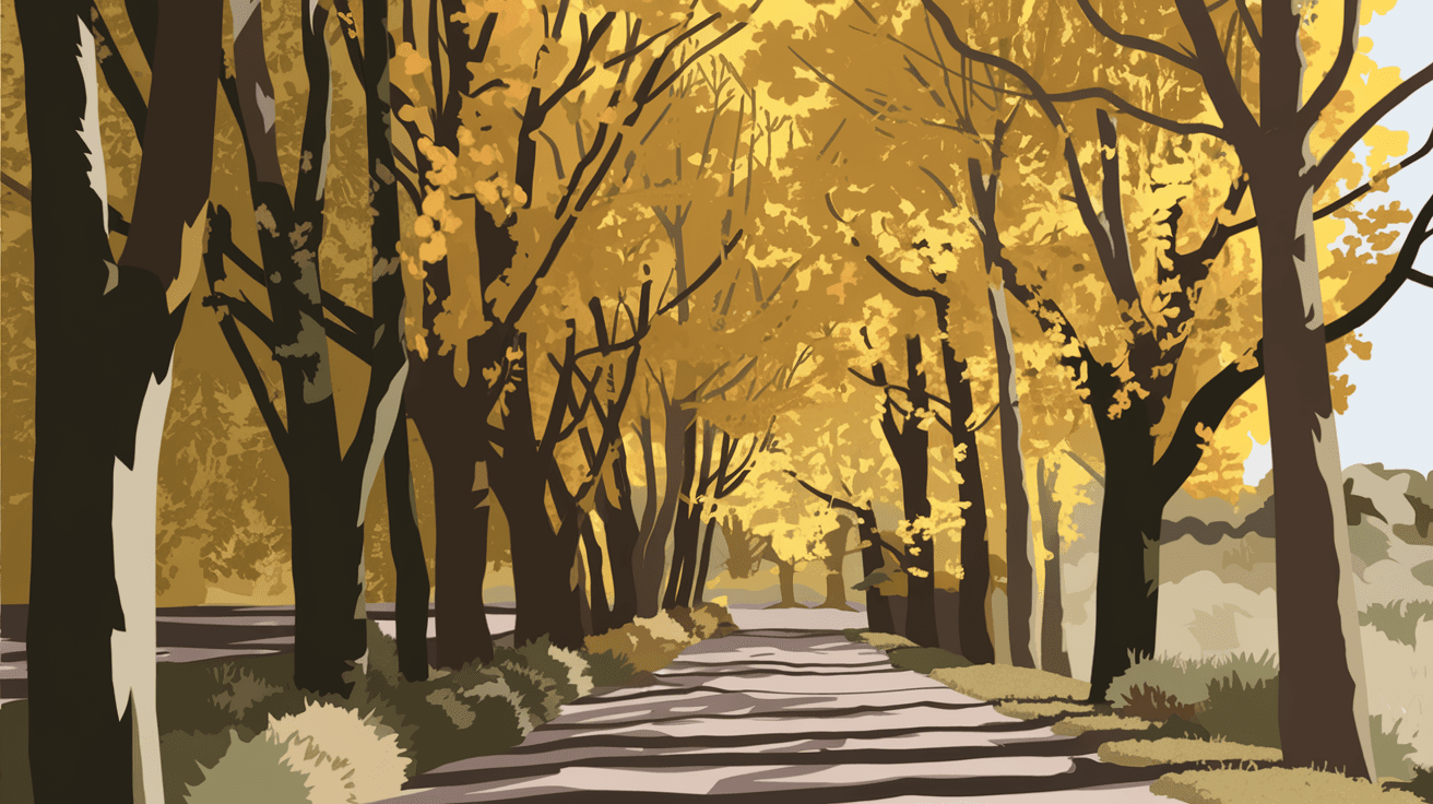 Golden cottonwood canopy along the Paseo del Bosque Trail in Albuquerque's North Valley during autumn, dappled afternoon light filtering through the trees onto a packed gravel path