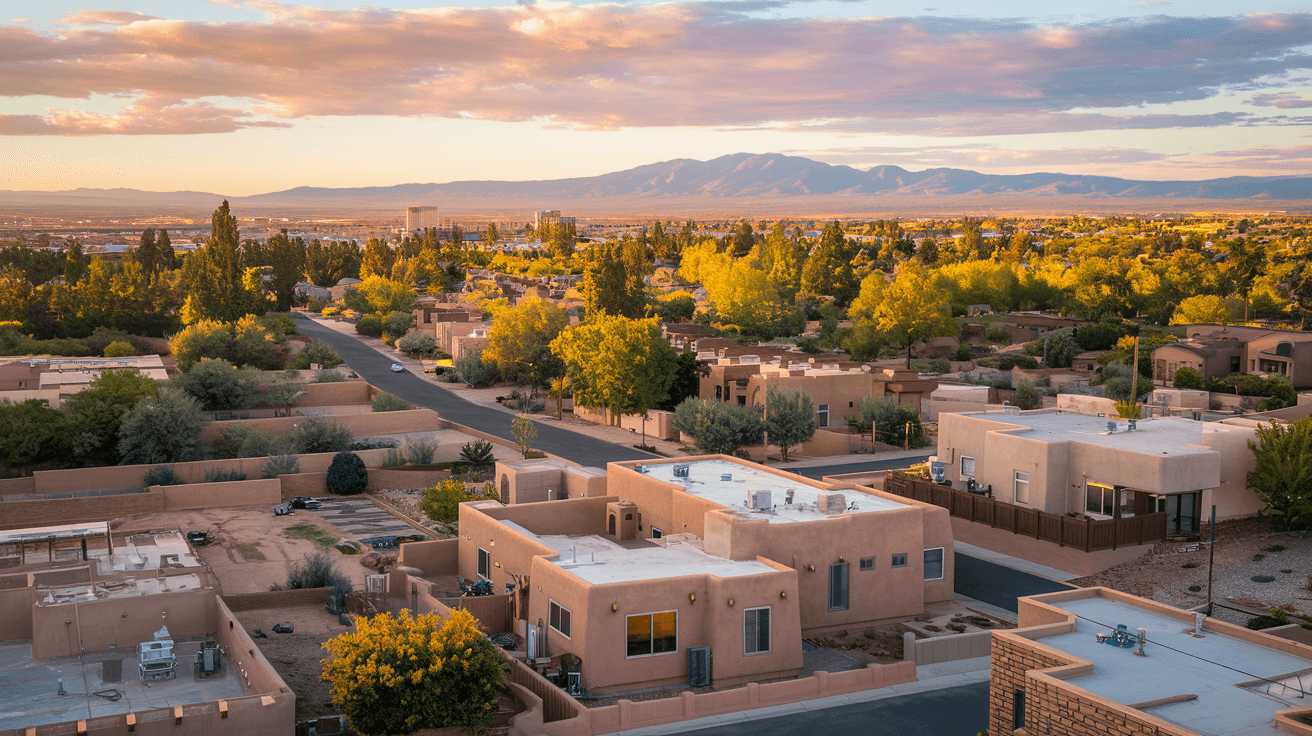 Aerial view of an Albuquerque residential neighborhood at golden hour, showing a mix of adobe-style single-family homes and small multifamily properties with the Sandia Mountains glowing pink in the background
