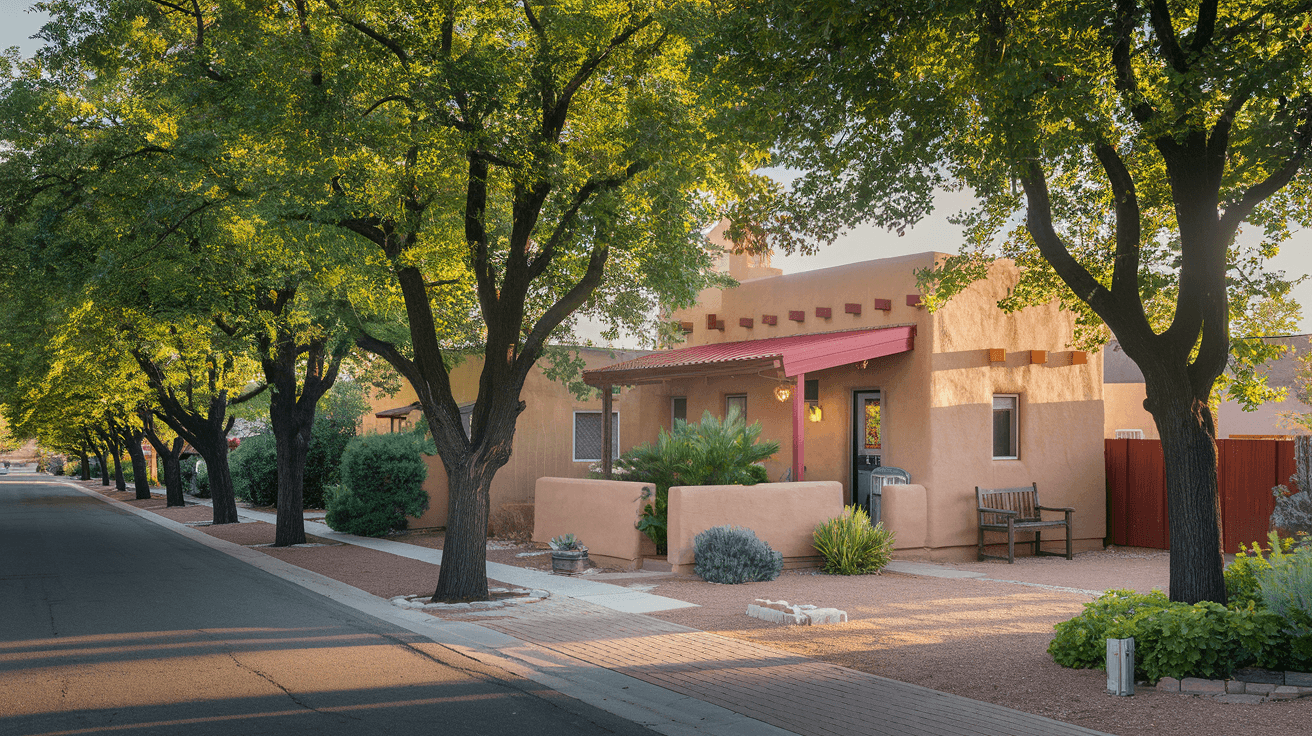 A well-maintained adobe-style duplex on a tree-lined street in Albuquerque's Nob Hill neighborhood, with mature cottonwood trees and a tidy front yard visible in warm afternoon light