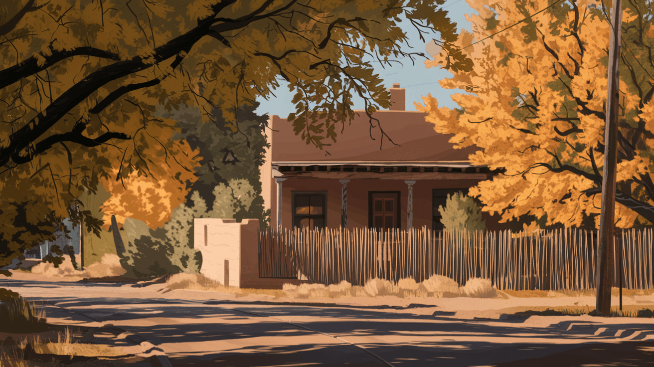 A quiet North Valley Albuquerque street lined with mature cottonwood trees in fall gold, an adobe home with a wooden portal visible behind an old wooden fence, late afternoon light casting long shadows across an unpaved driveway