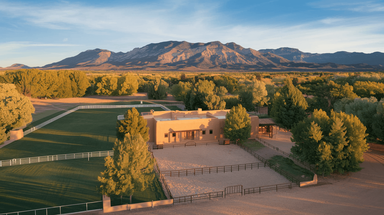 Aerial view of a sprawling adobe estate in Corrales, New Mexico, with irrigated green pasture, mature cottonwood trees, a horse arena, and the Sandia Mountains rising in the background under a wide blue sky