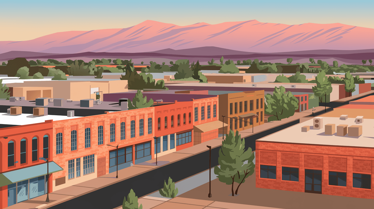 Aerial view of the EDo Arts District in Albuquerque at golden hour, showing historic brick warehouse buildings, Central Avenue, and the Sandia Mountains glowing pink in the background