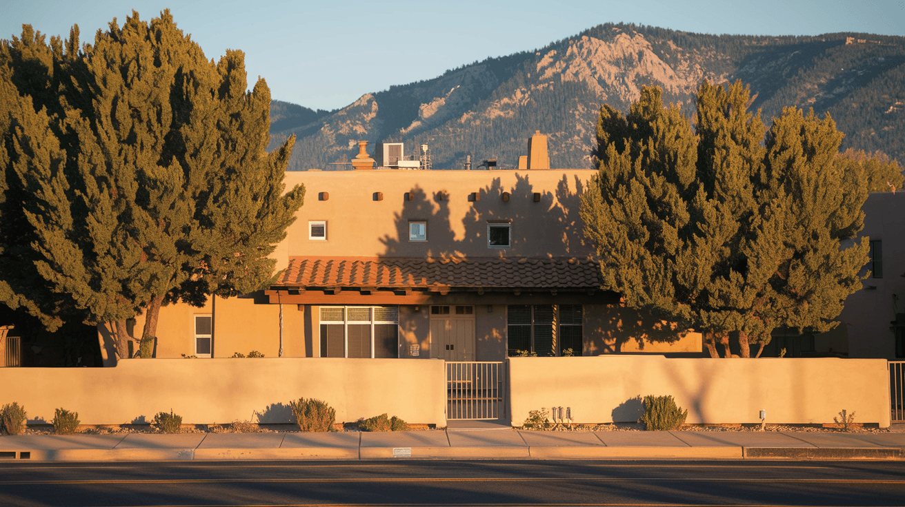 A sunlit adobe-style duplex in an Albuquerque neighborhood with mature cottonwood trees and the Sandia Mountains visible in the background