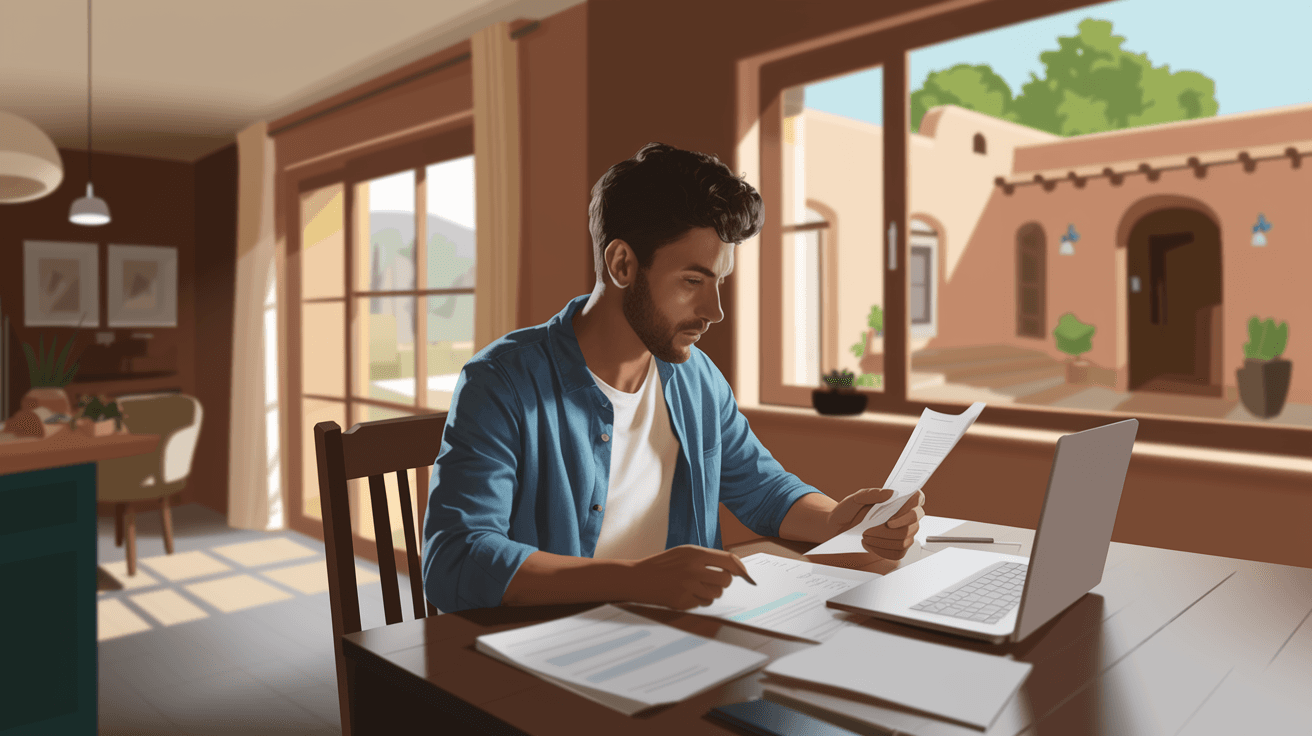 A first-time homebuyer sitting at a kitchen table reviewing loan documents and a laptop, with warm natural light coming through a window overlooking a New Mexico-style courtyard