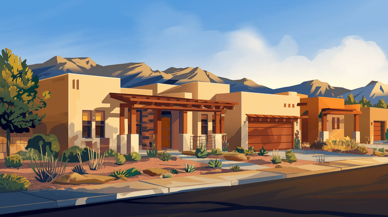 A sunny exterior view of a new Albuquerque neighborhood development near the Rio Grande, featuring modern Southwest-style homes with xeriscaped front yards and mountain views in the background