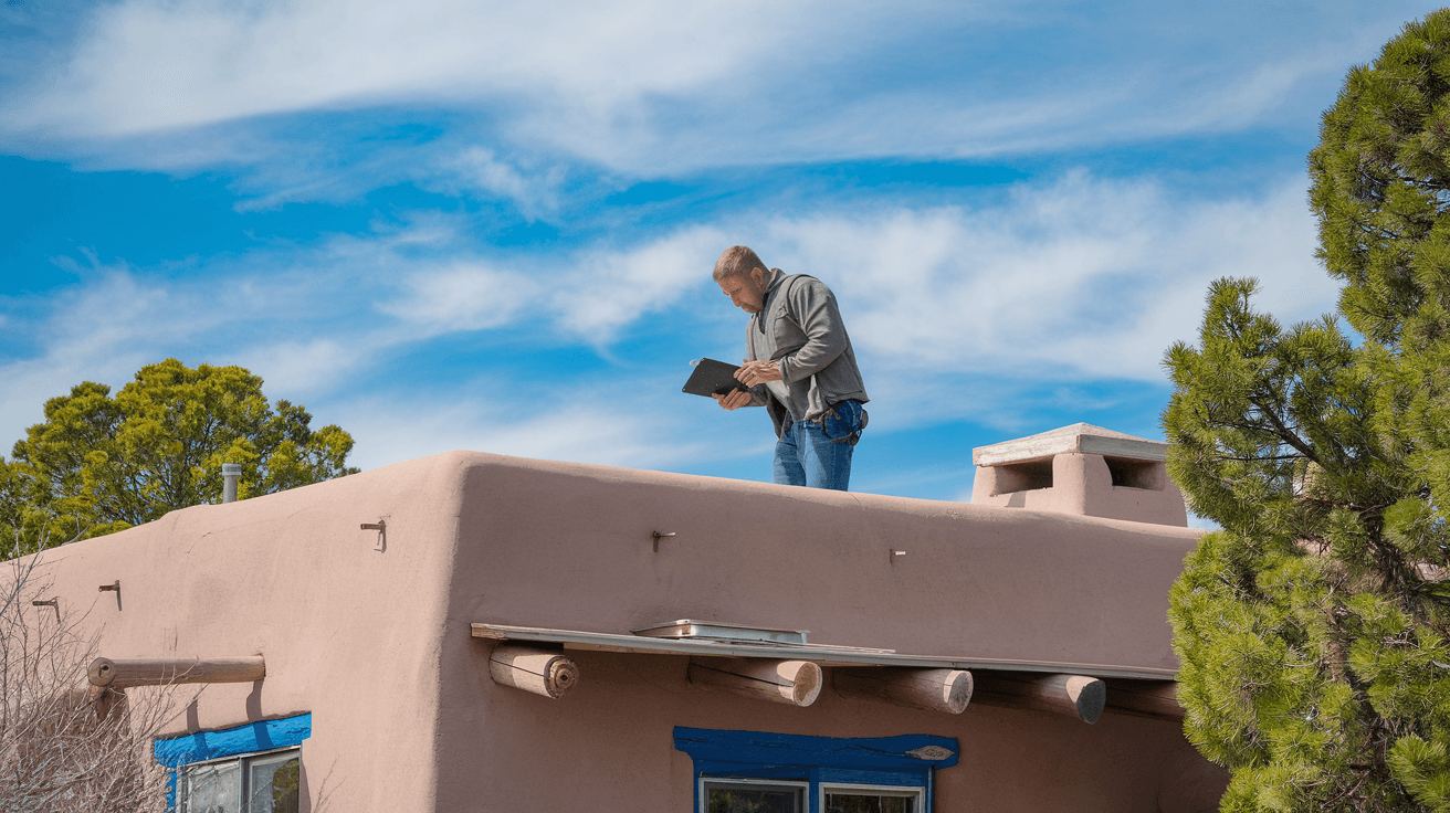 Home inspector checking the roof of a New Mexico adobe home