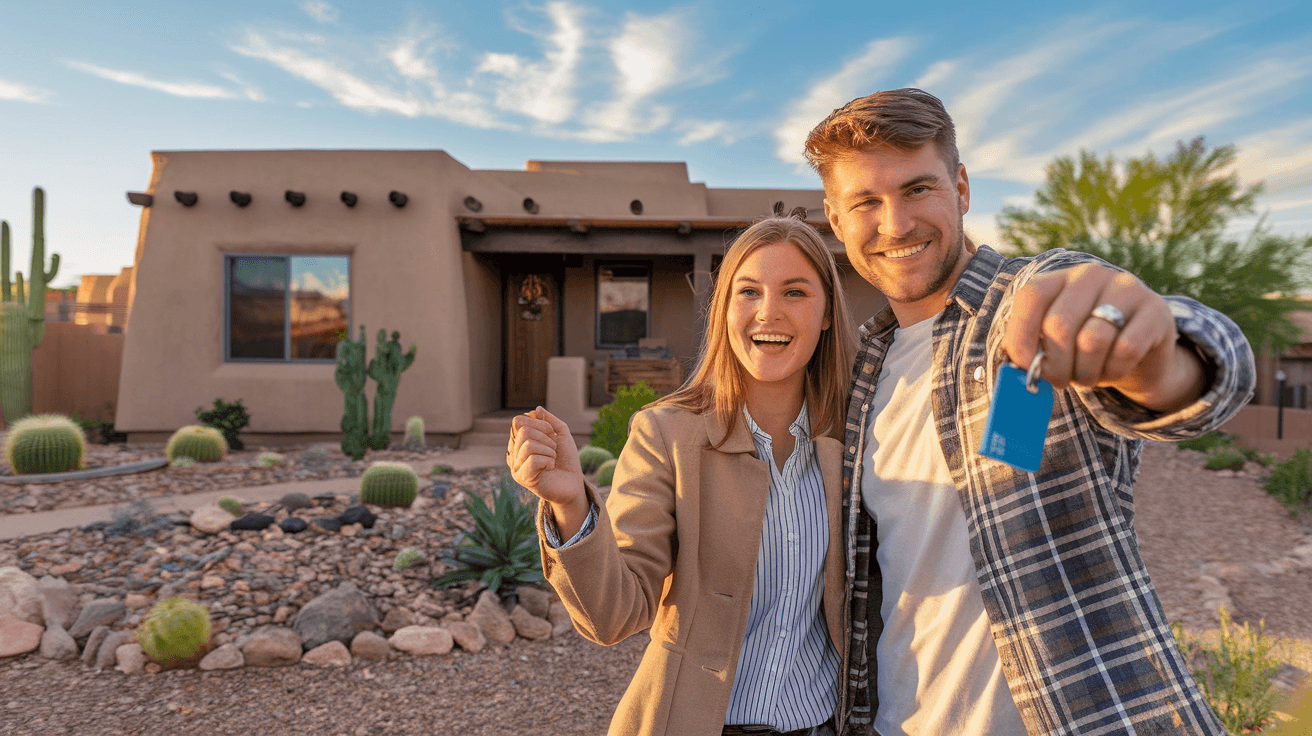 First-time buyers celebrating with keys to their new Albuquerque home