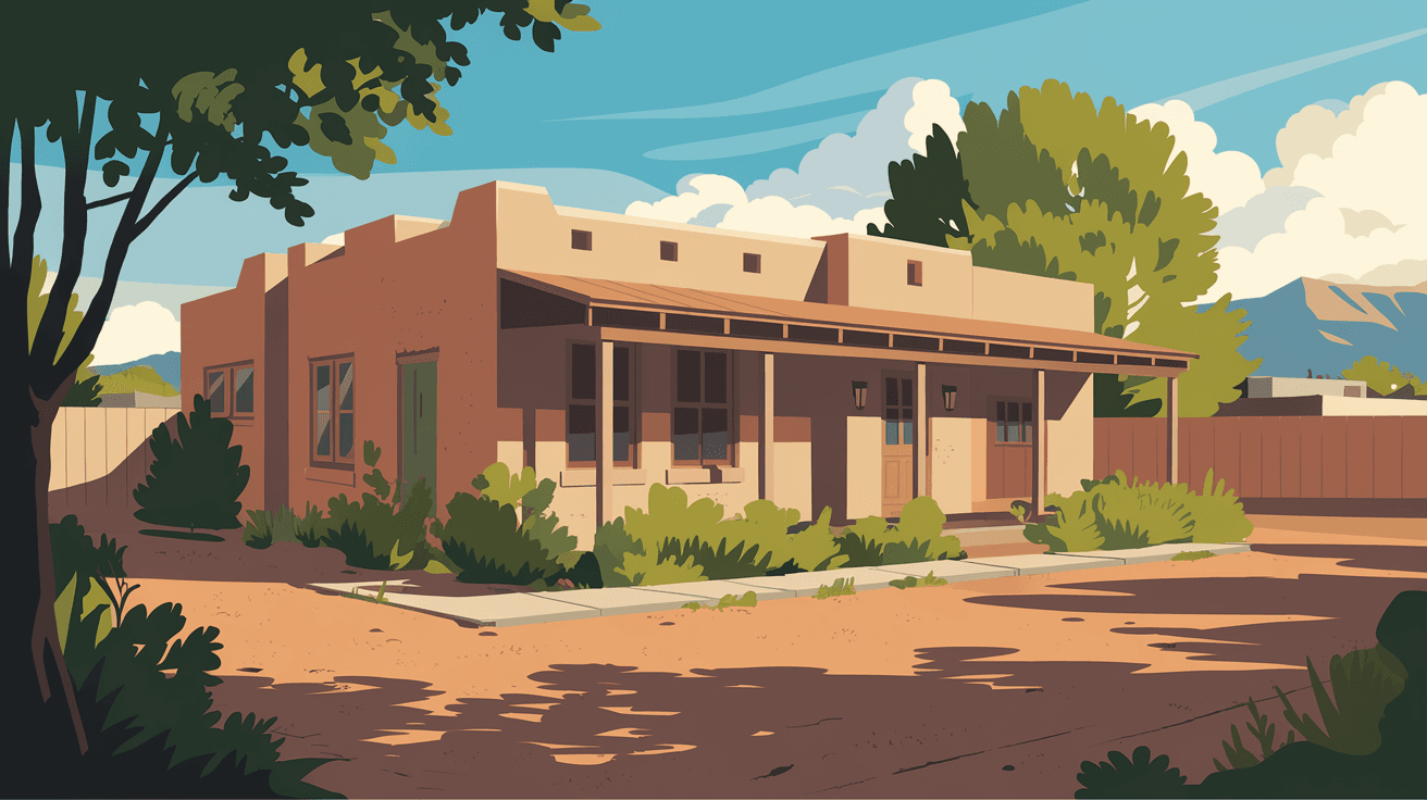 A dated but structurally sound adobe home in Albuquerque's South Valley with overgrown landscaping, warm afternoon light casting long shadows across the dirt yard, Sandia Mountains visible in the background