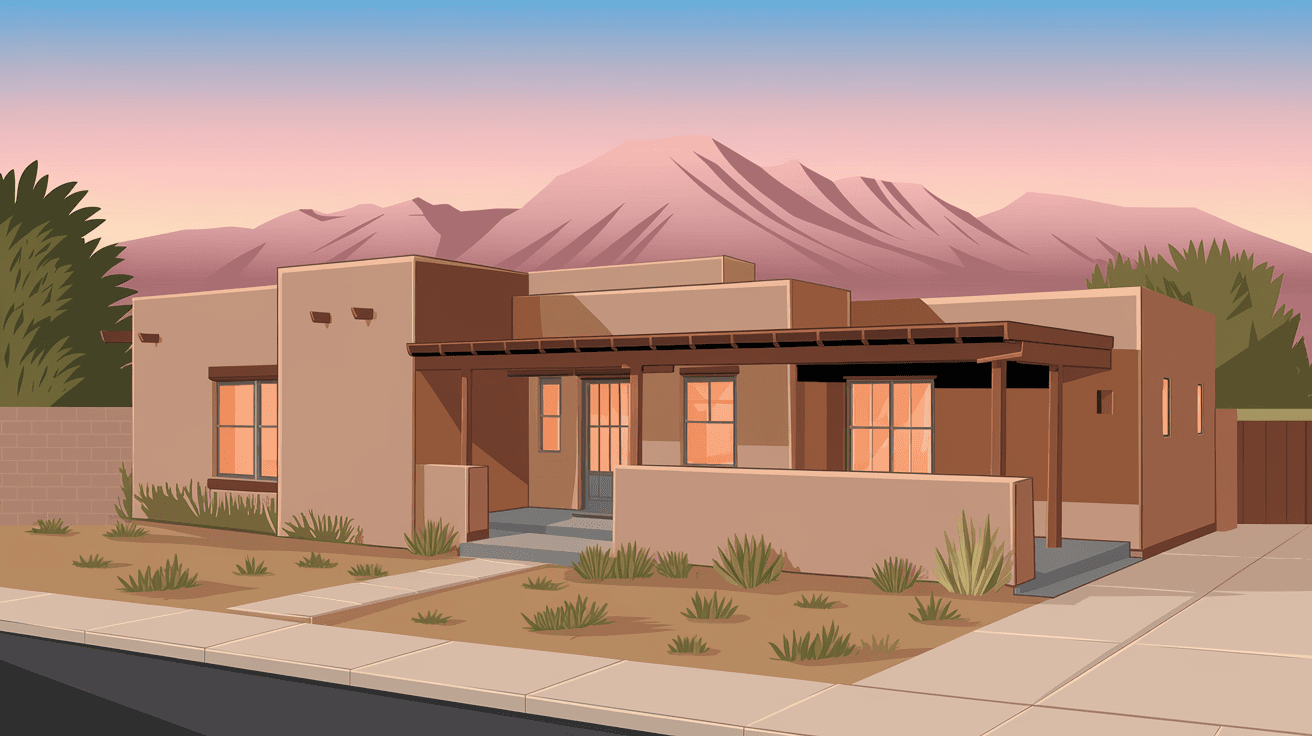 A renovated adobe home in Albuquerque's South Valley with fresh stucco, new wood portal posts, and native desert landscaping, the Sandia Mountains glowing pink at sunset in the background