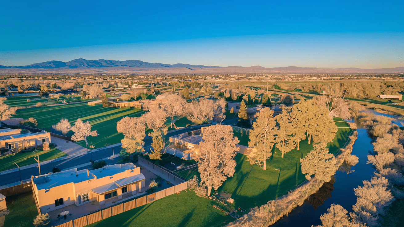 An aerial view of the North Valley neighborhood in Albuquerque showing large green lots, cottonwood trees along the Rio Grande bosque, and adobe-style homes with the Sandia Mountains visible to the east under a bright blue New Mexico sky